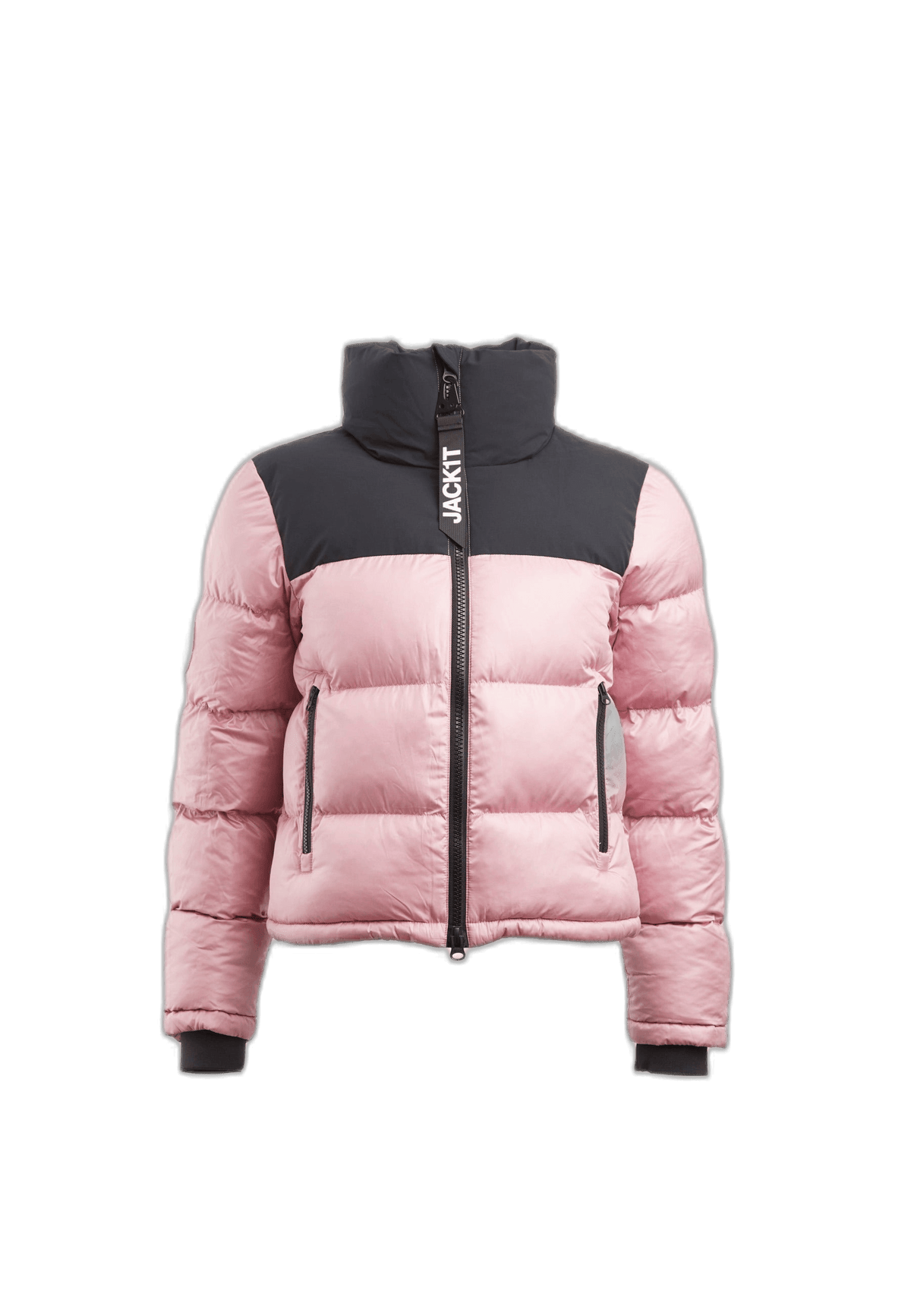 Funnel neck jacket in powder pink and black, featuring tapered racer fit and synthetic insulation.