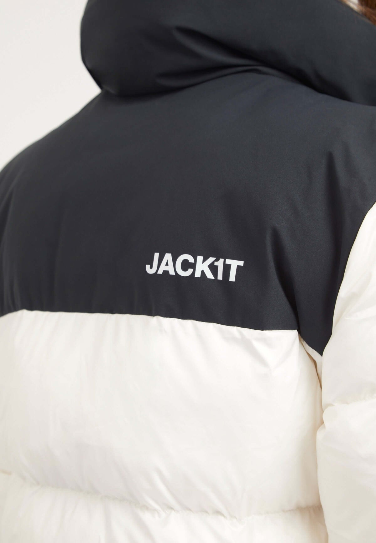Back view of a funnel neck jacket in snow black color with contrasting panels and JACK1T logo.
