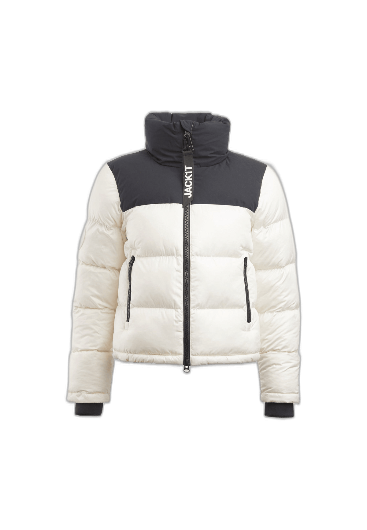 Diamond Funnel Jacket in Snow Black with funnel neck jacket design and contrasting color panels.