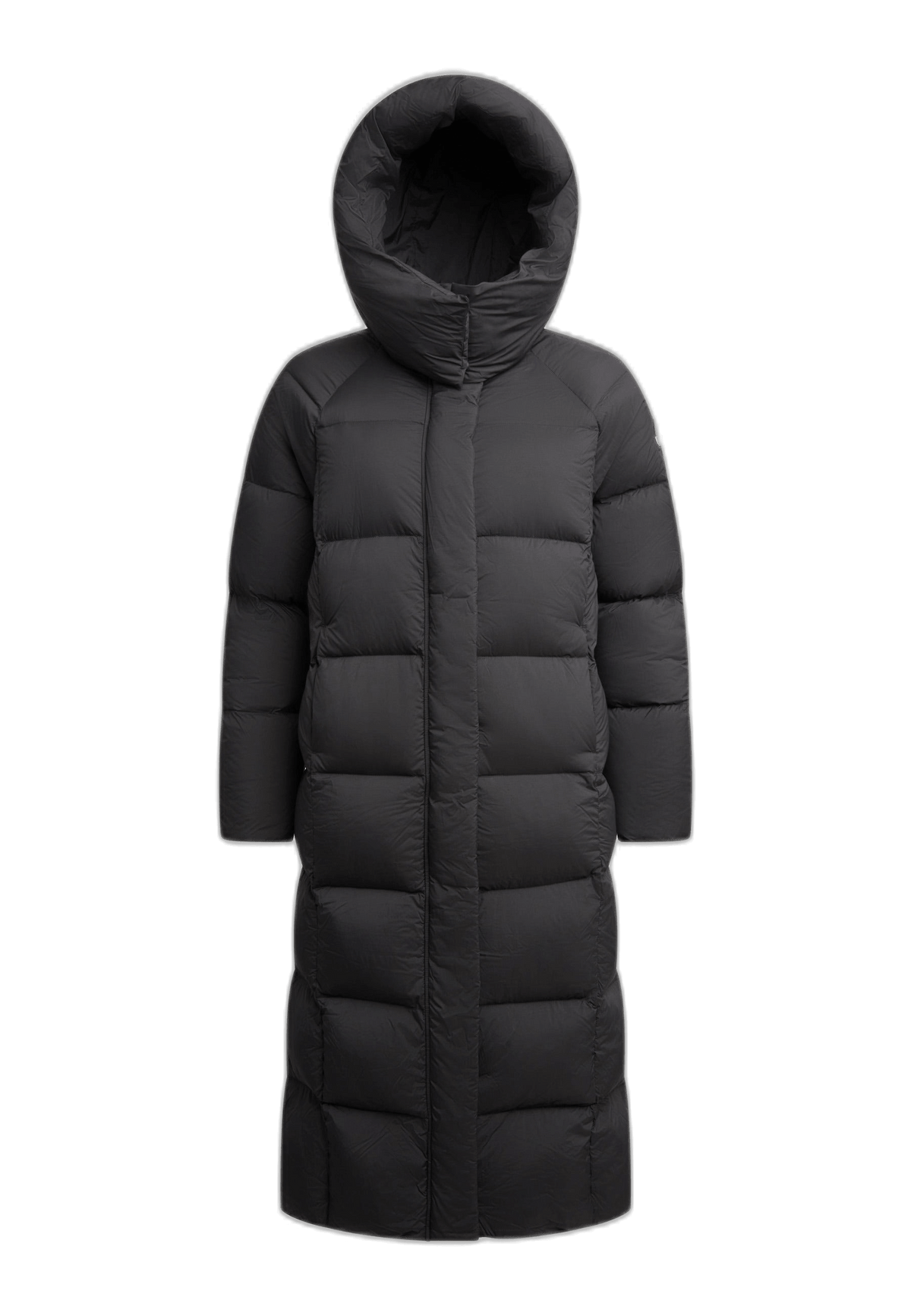 Cloud Boss Coat Black, womens long puffer coat, full length with removable hood and durable water repellent fabric.