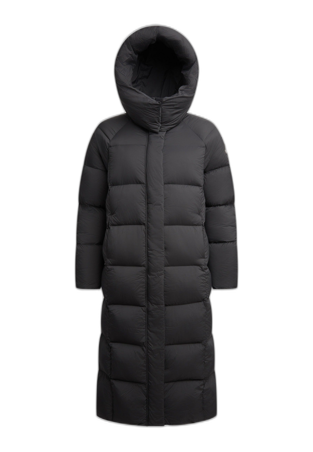 Cloud Boss Coat Black, womens long puffer coat, full length with removable hood and durable water repellent fabric.
