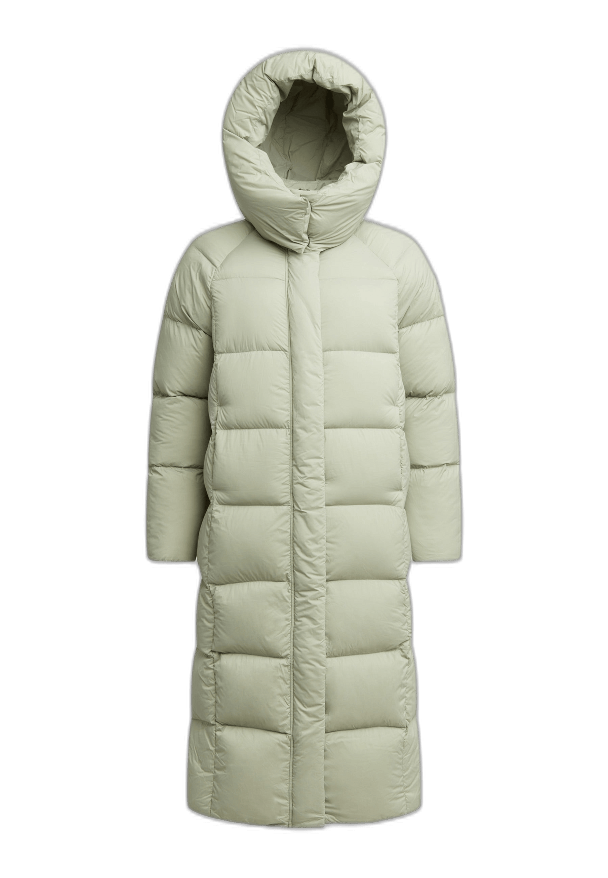 womens long puffer coat in sage green, full length silhouette with a removable hood and premium insulation