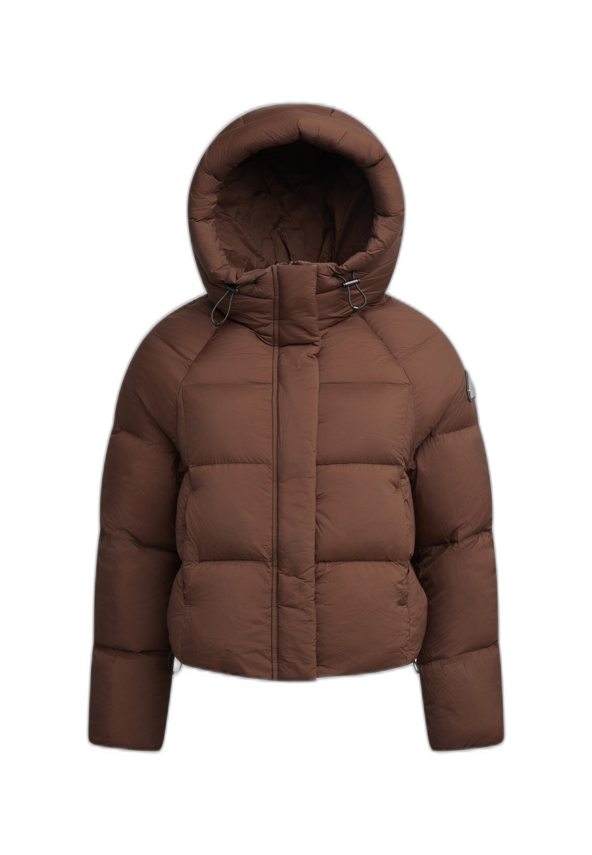 Short puffer jacket women in mid brown with adjustable hood and cropped cut for a modern silhouette.