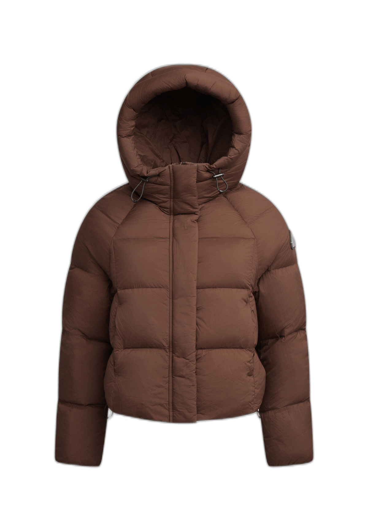 Short puffer jacket women in mid brown with adjustable hood and cropped cut for a modern silhouette.