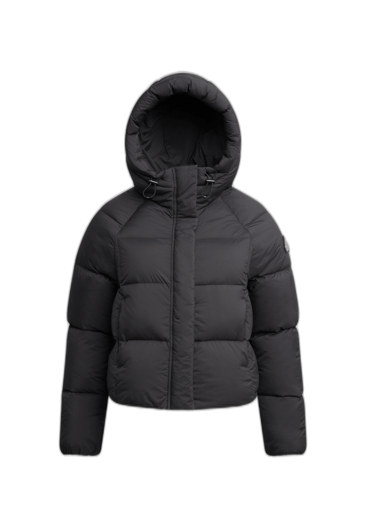 Cloud Crop Jacket Black, a womens short puffer jacket with cropped cut, adjustable hood, and lightweight design.