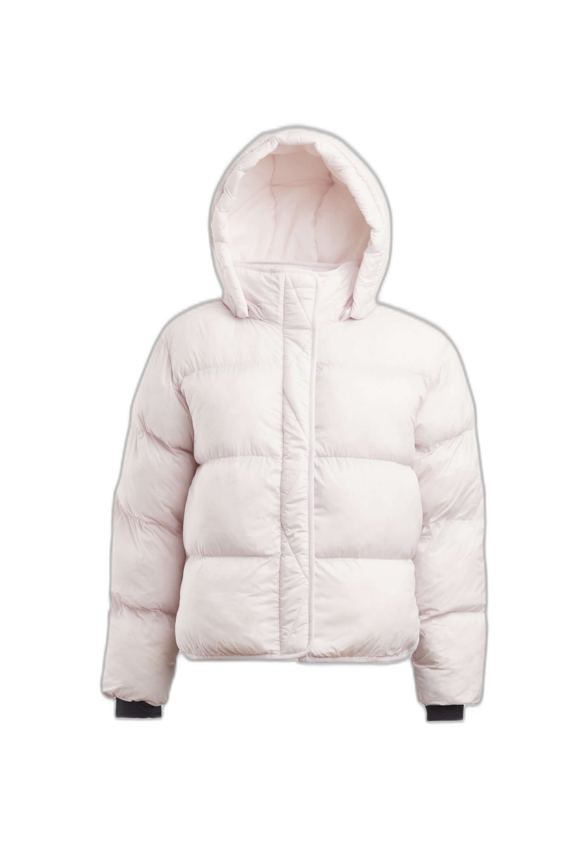 Helio Crop Duvet Jacket in soft pink, short puffer jacket women, featuring adjustable hood and storm cuffs.