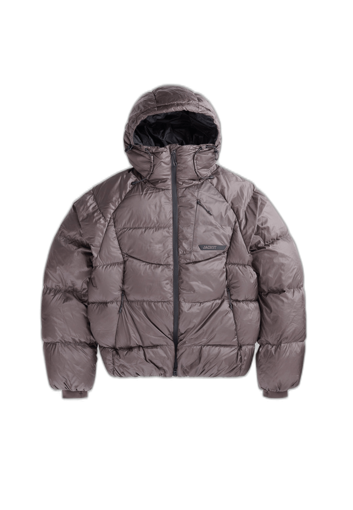 Oversized puffer brown mid brown jacket with adjustable hood and fleece lined pockets.