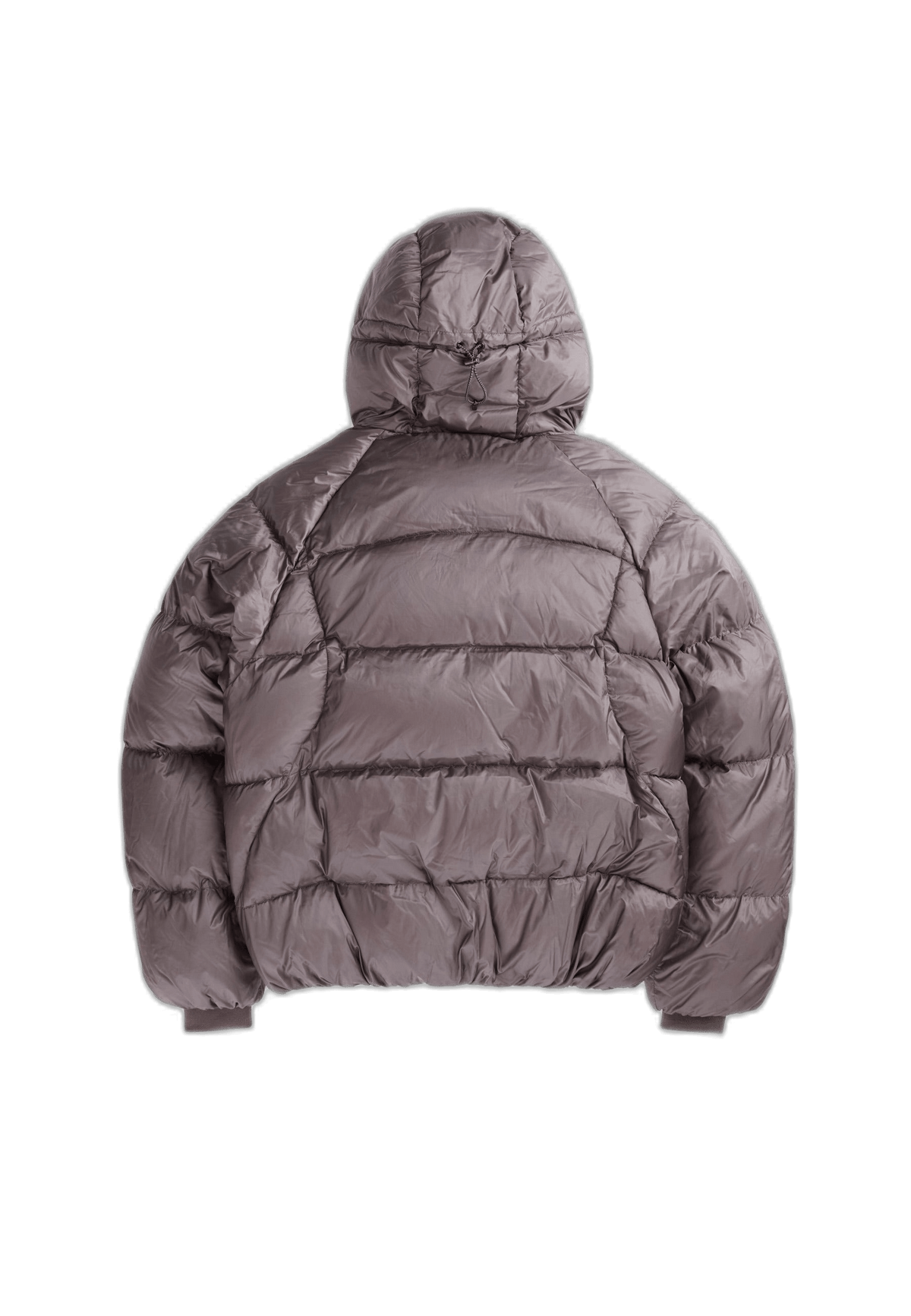 Back view of oversized puffer brown jacket featuring an adjustable hood and quilted design.
