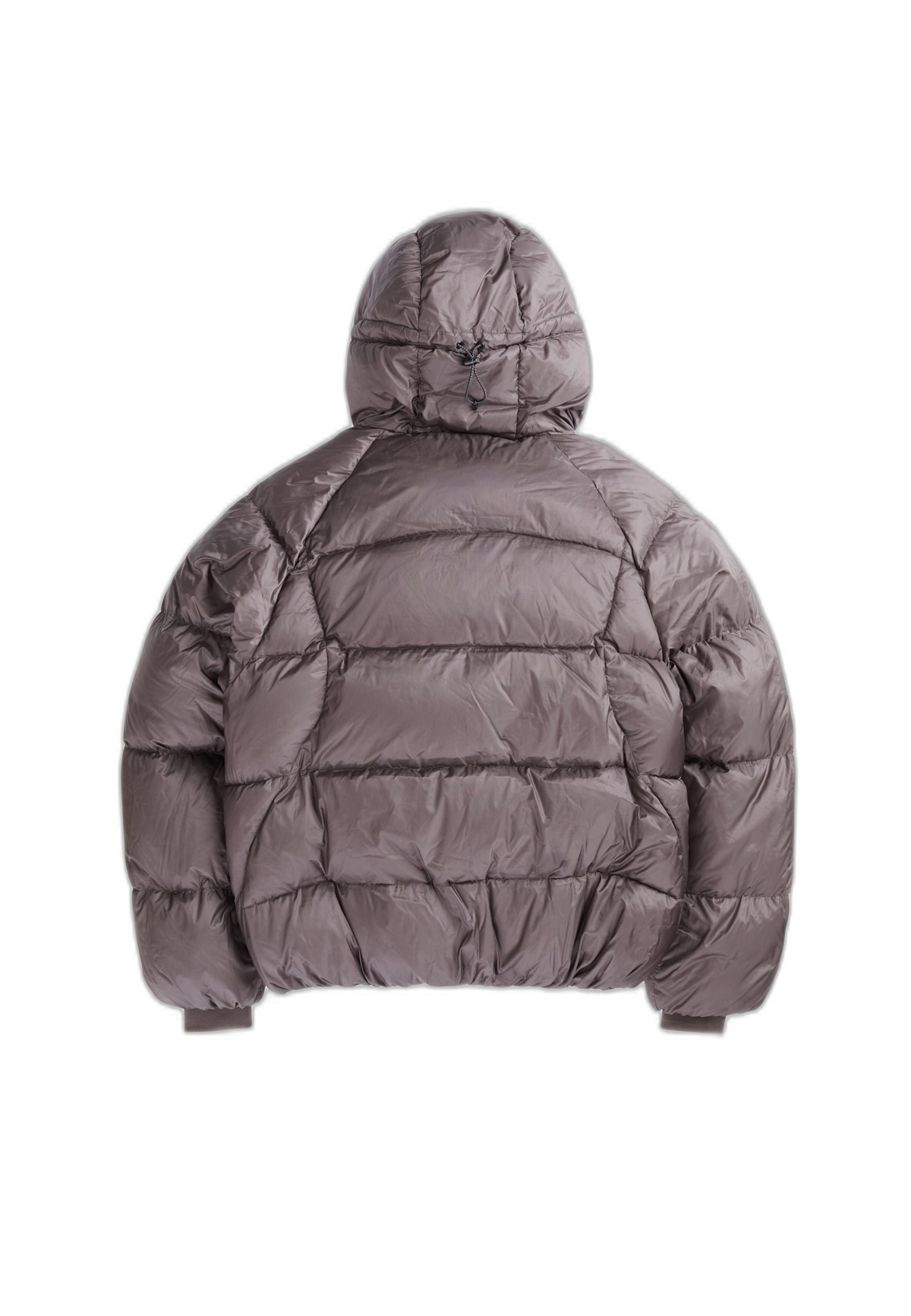 Back view of oversized puffer brown jacket featuring an adjustable hood and quilted design.
