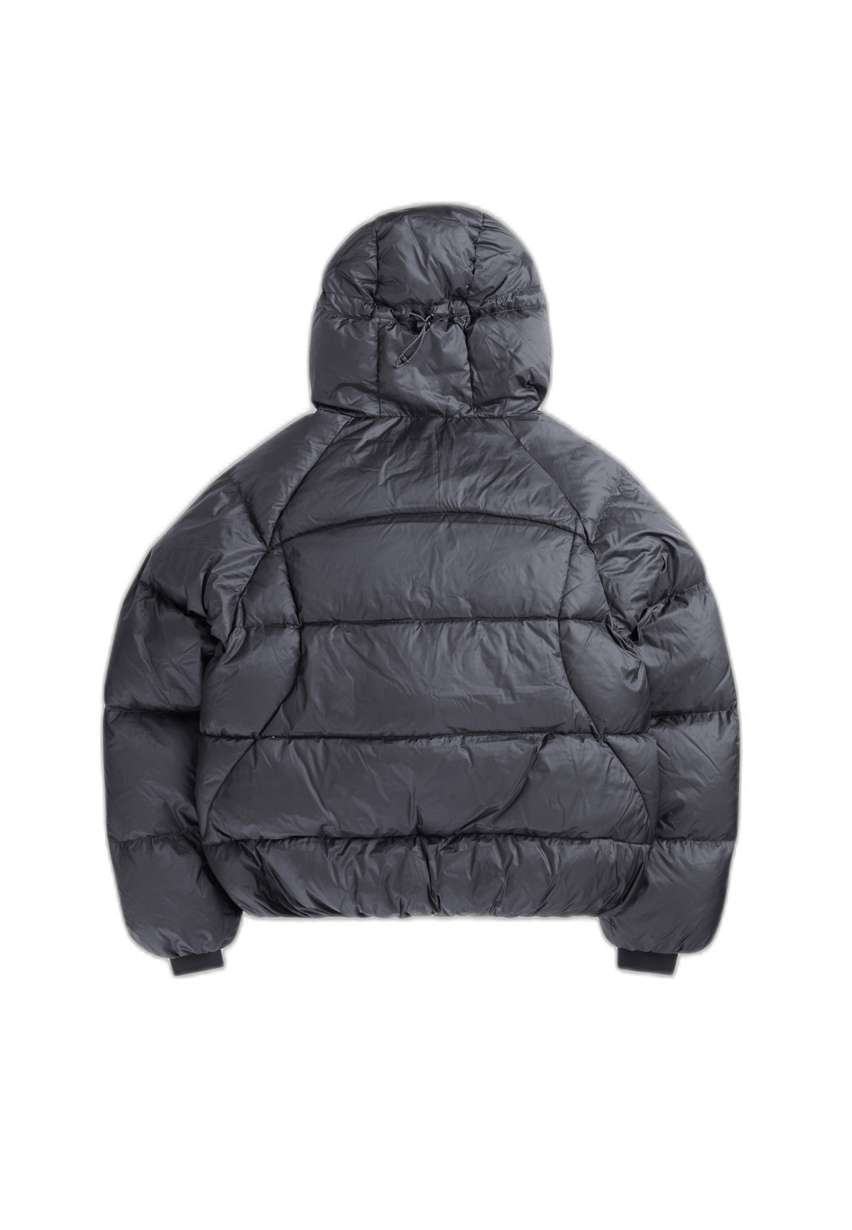 Back view of oversized puffer black jacket featuring a hood and puffy design, showcasing its modern silhouette.