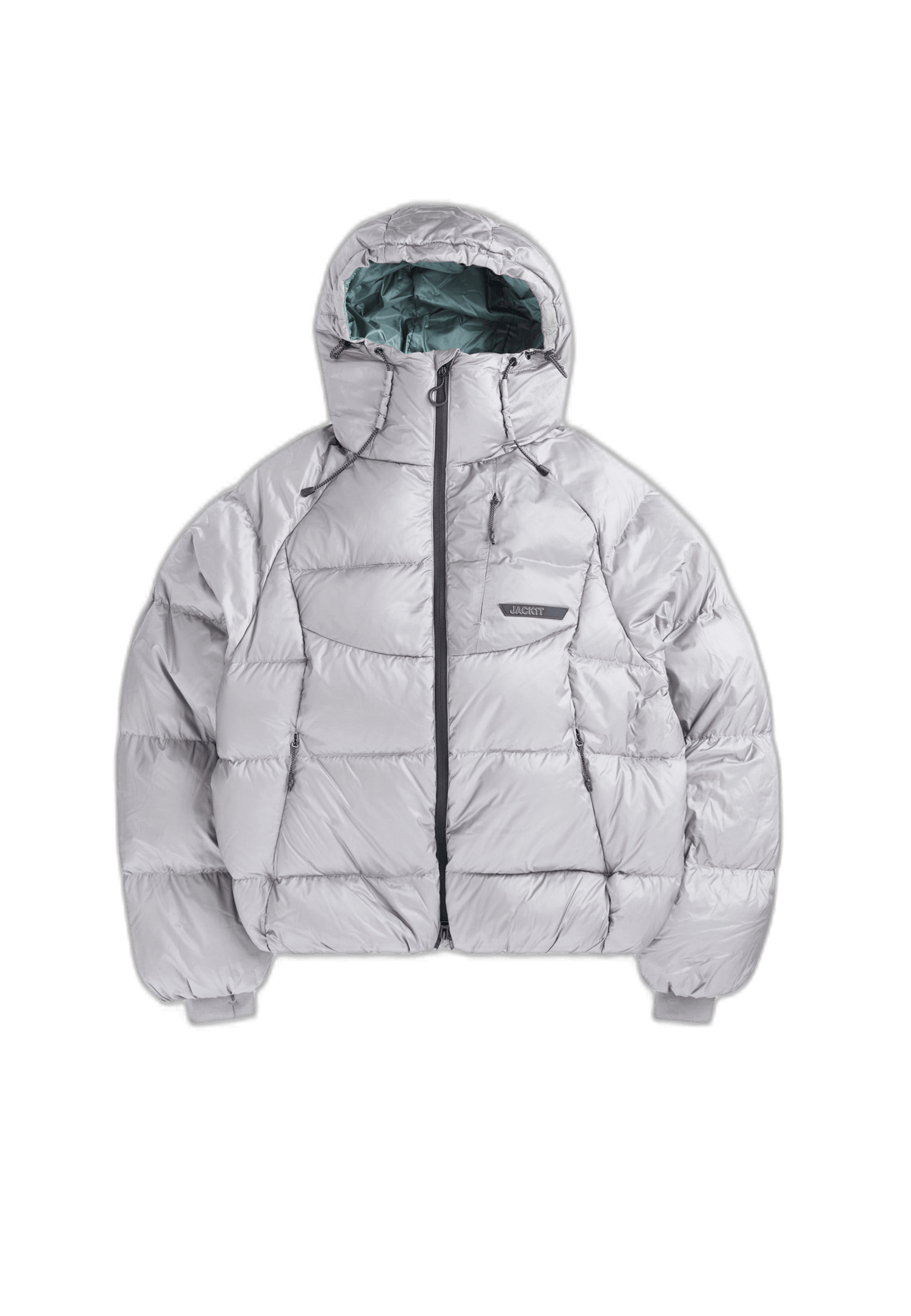 Oversized puffer grey bubble jacket with adjustable hood and fleece lined pockets.