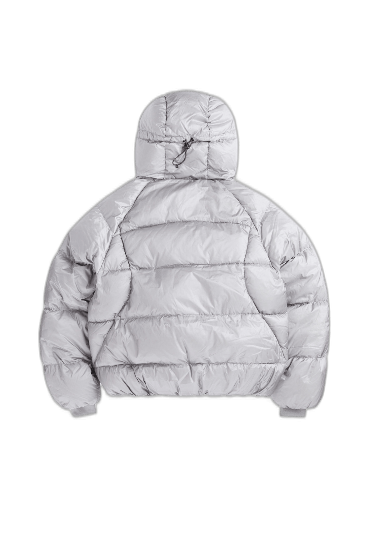 Back view of oversized puffer grey jacket with adjustable hood and soft fabric.