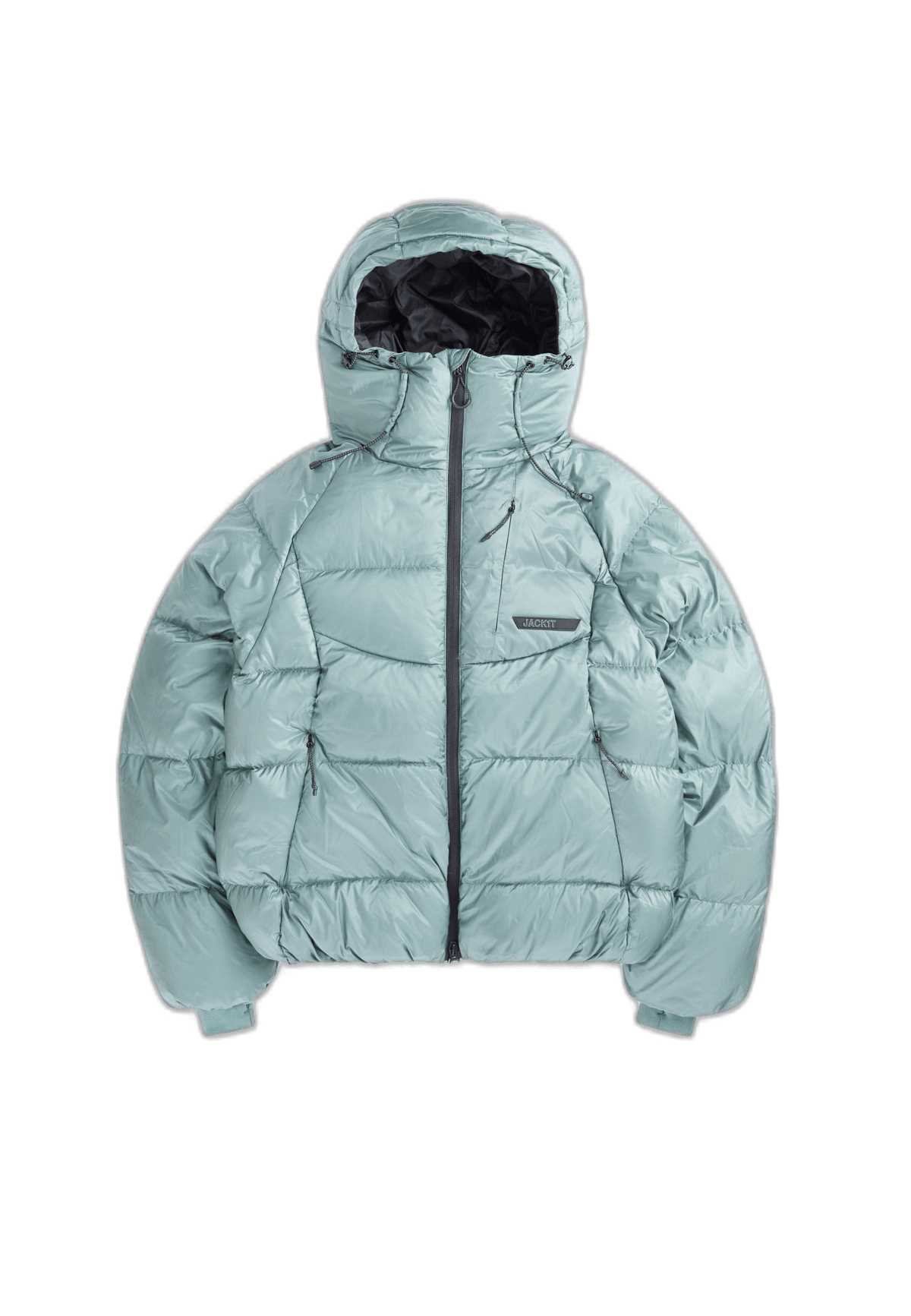 Oversized puffer green bubble jacket with adjustable hood and fleece lined pockets.