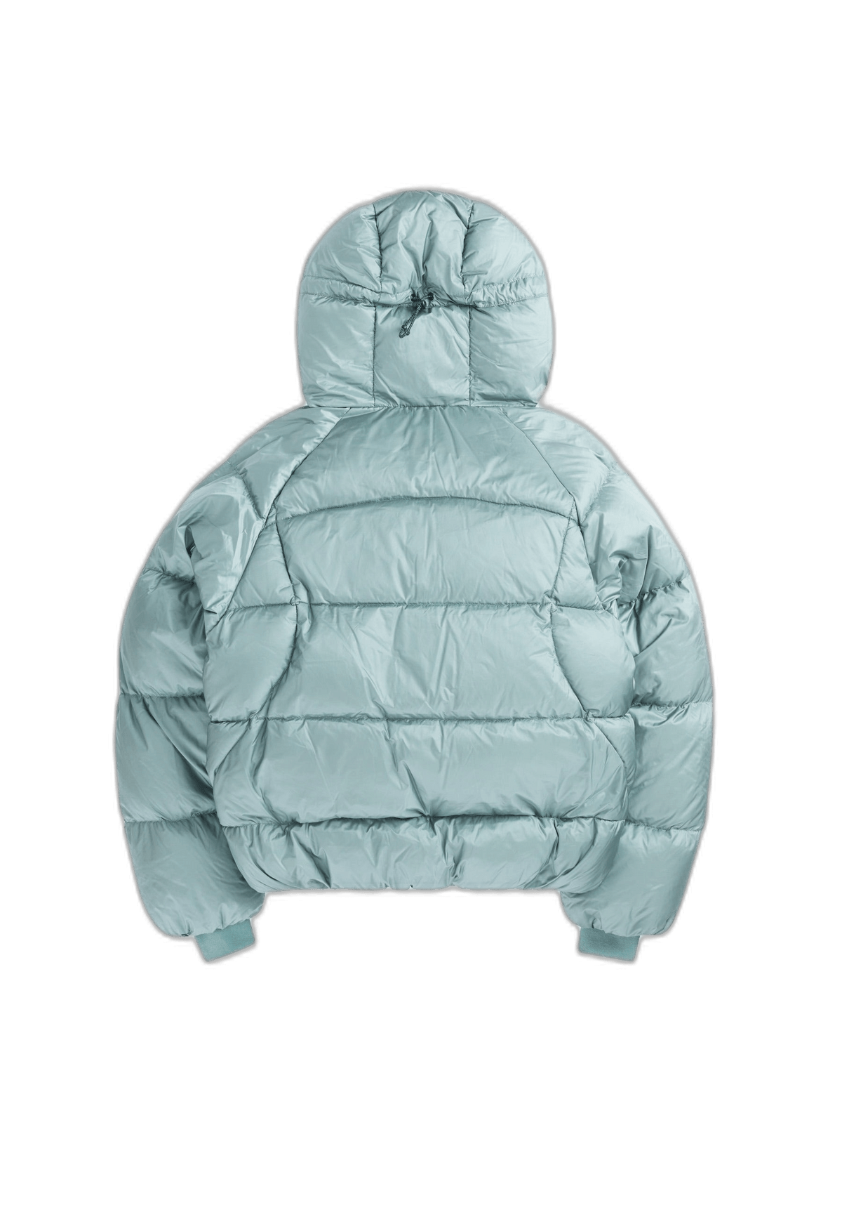 Oversized puffer green jacket with adjustable hood and padded design, perfect for winter warmth.