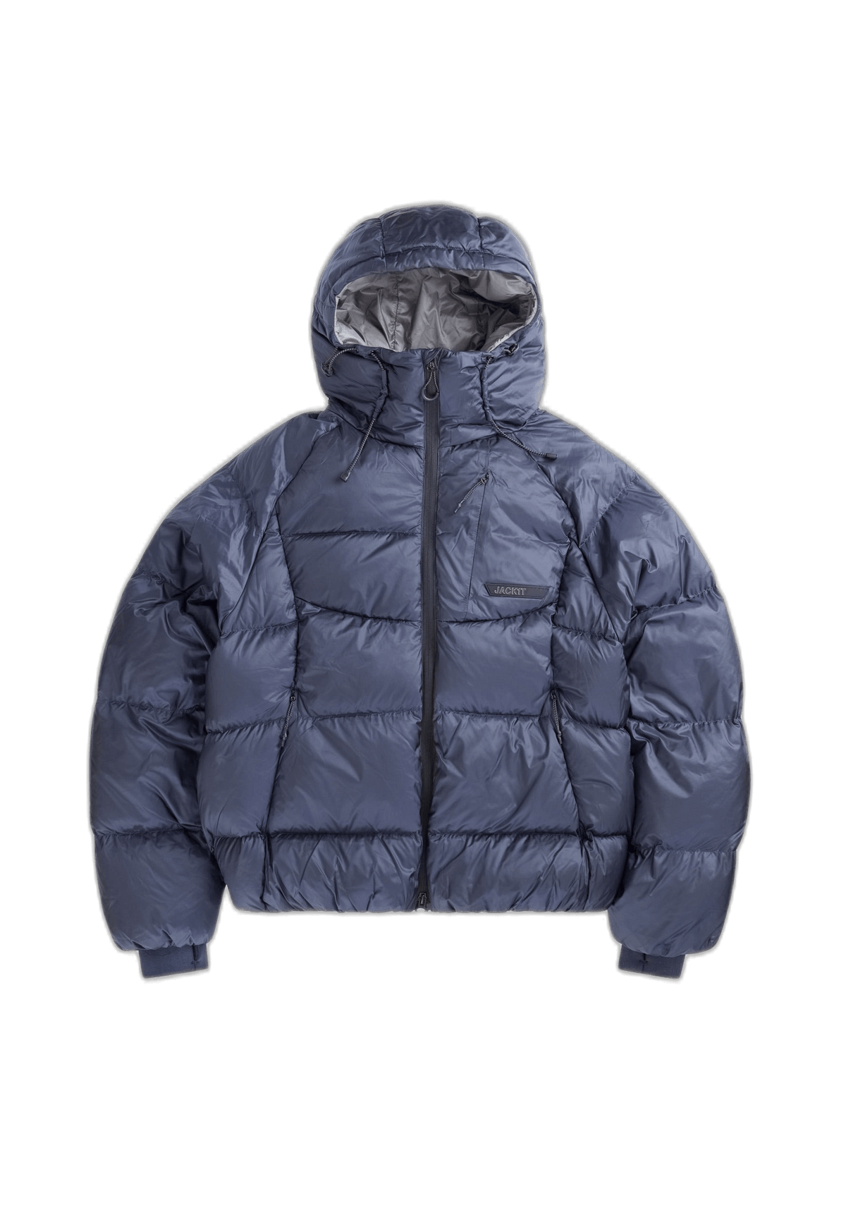 Oversized puffer navy jacket featuring RDS Certified Down fill and an adjustable hood.