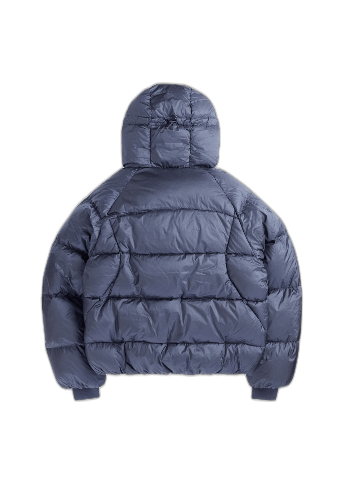 Back view of an oversized puffer navy jacket with adjustable hood and durable fabric.