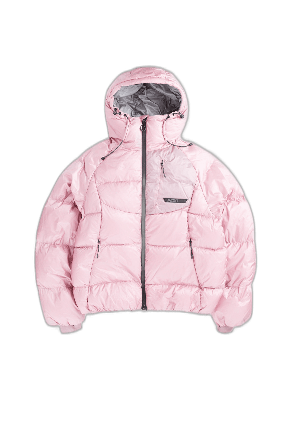Pink oversized puffer jacket with adjustable hood and RDS certified down fill.