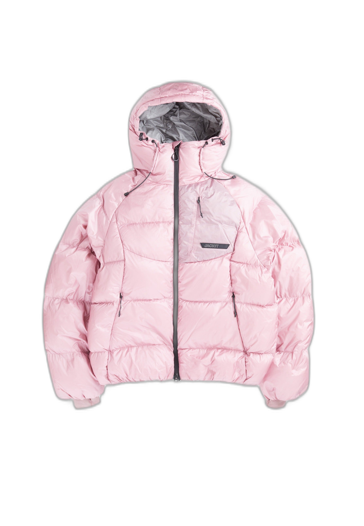 Pink oversized puffer jacket with adjustable hood and RDS certified down fill.