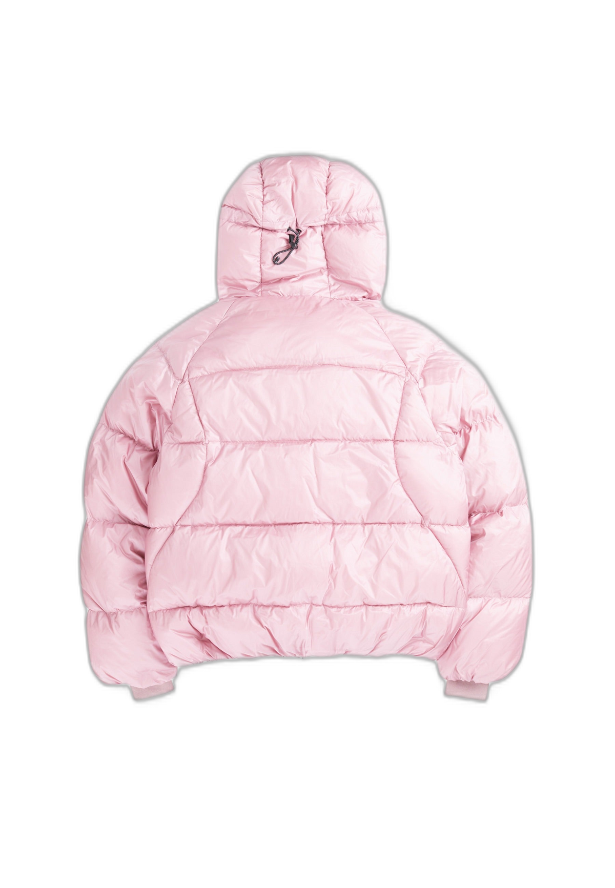 Back view of oversized puffer jacket in pink with adjustable hood and durable design.