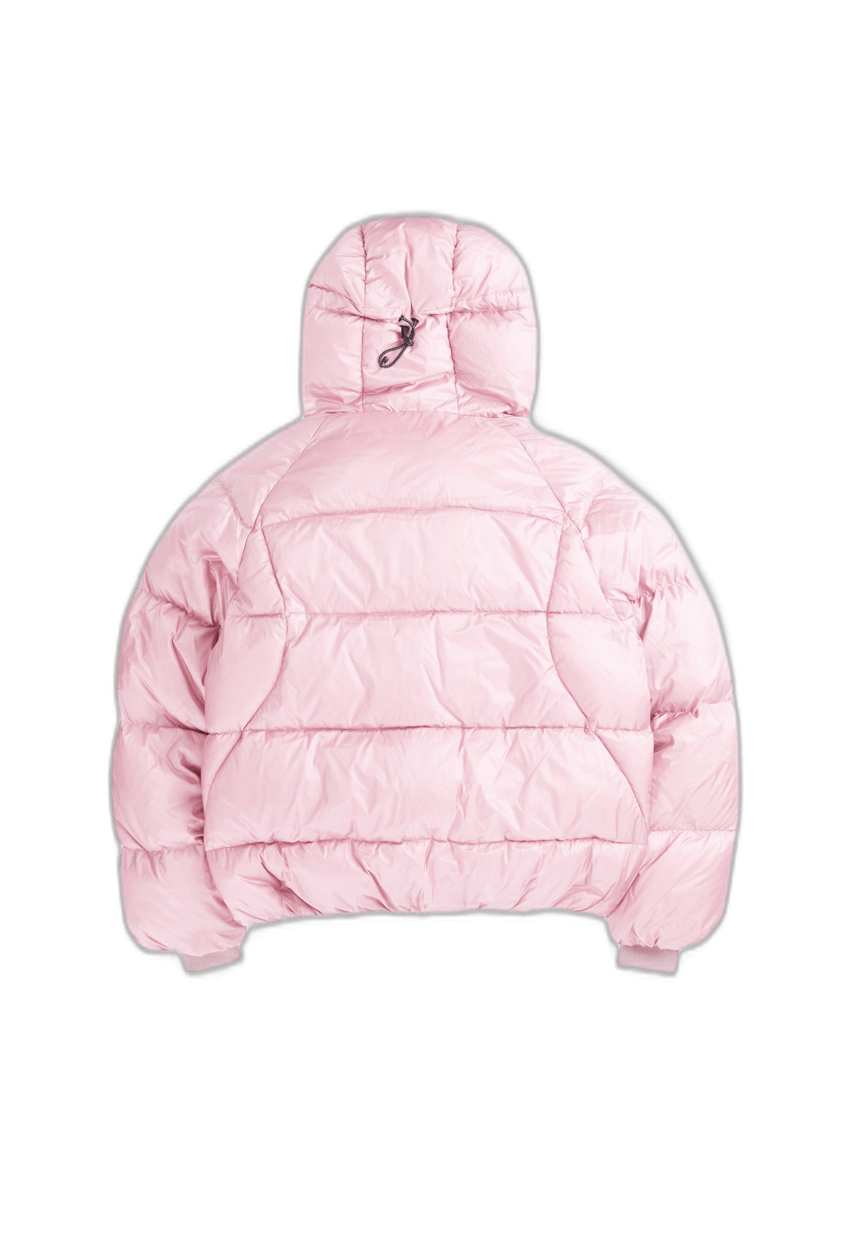 Back view of oversized puffer jacket in pink with adjustable hood and durable design.