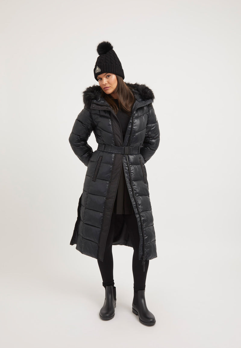 Diamond Belted Extra Long ONELOFT Coat Black on model front view by JACK1T