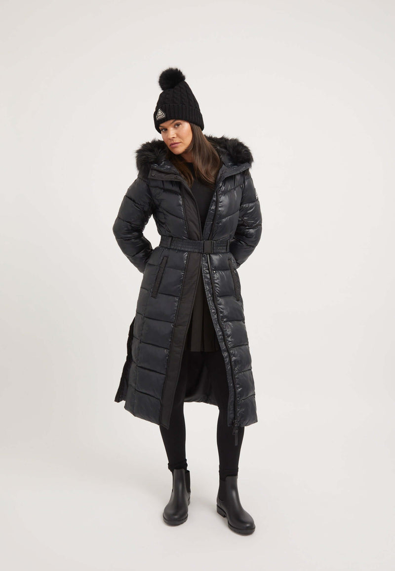 Diamond Belted Extra Long ONELOFT Coat Black on model front view by JACK1T