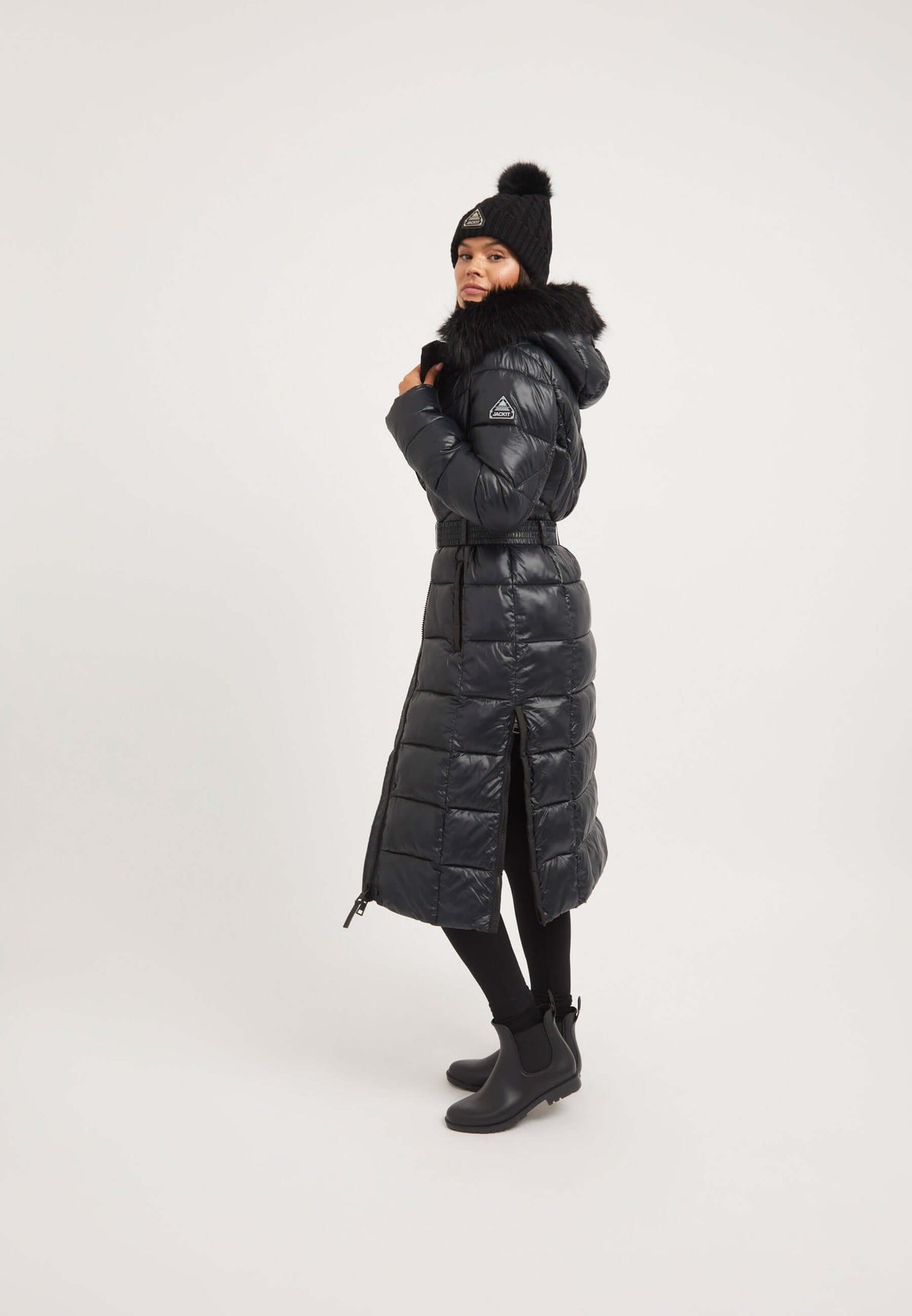 Diamond Belted Extra Long ONELOFT Coat Black on model back view by JACK1T