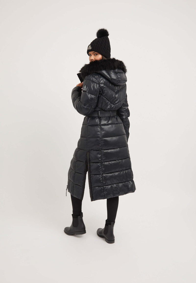 Diamond Belted Extra Long ONELOFT Coat Black on model full length by JACK1T