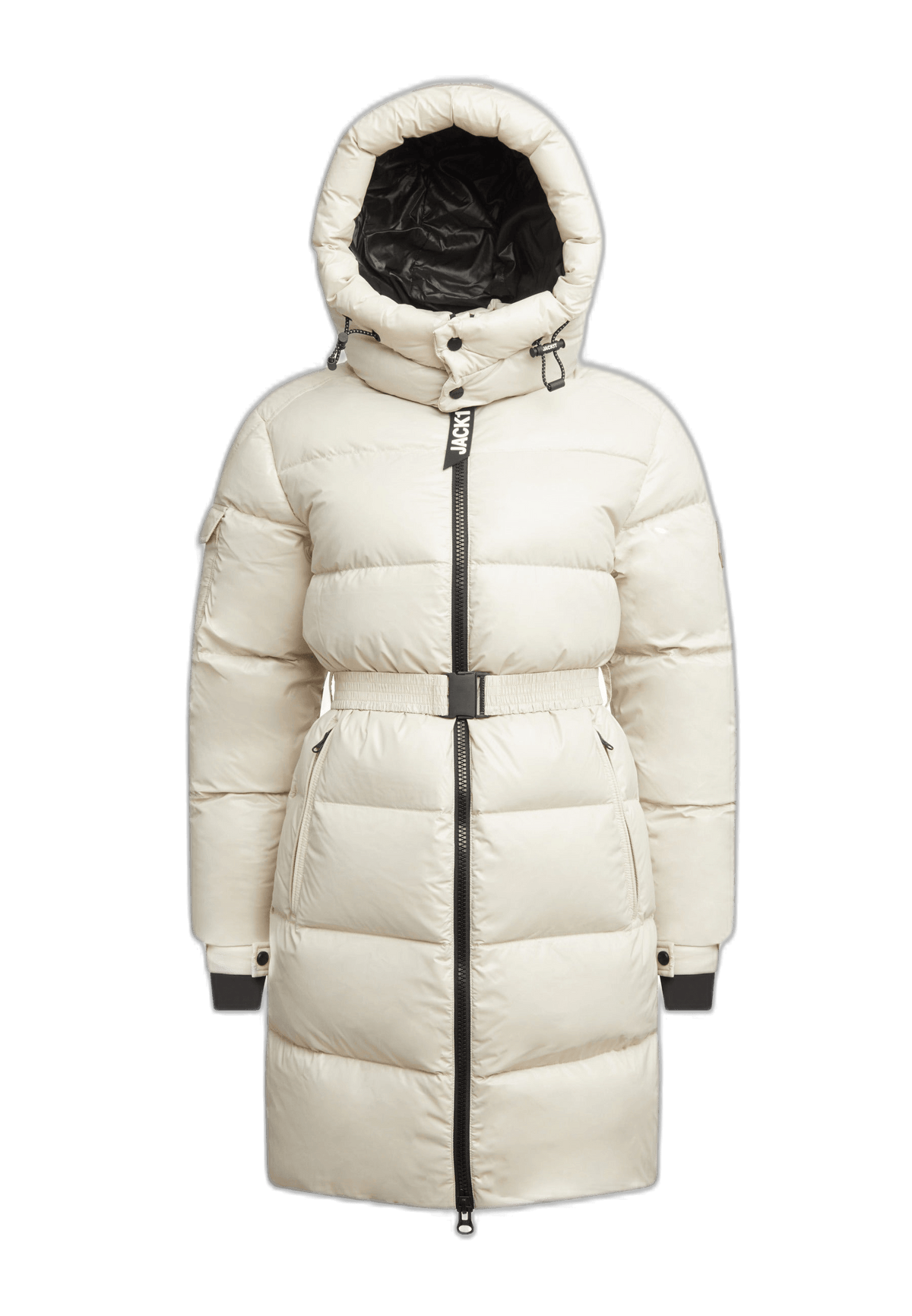 Womens belted puffer coat in stone color with a tapered design, hood, and removable belt.