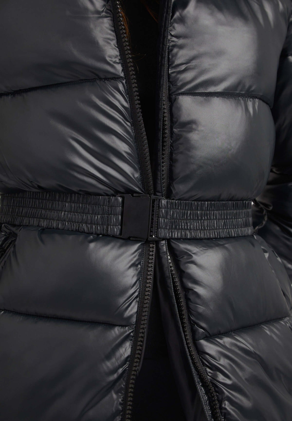 Close-up of the EZ Belted Coat Black Stone highlighting the removable belt and insulated fabric, womens belted coat black.
