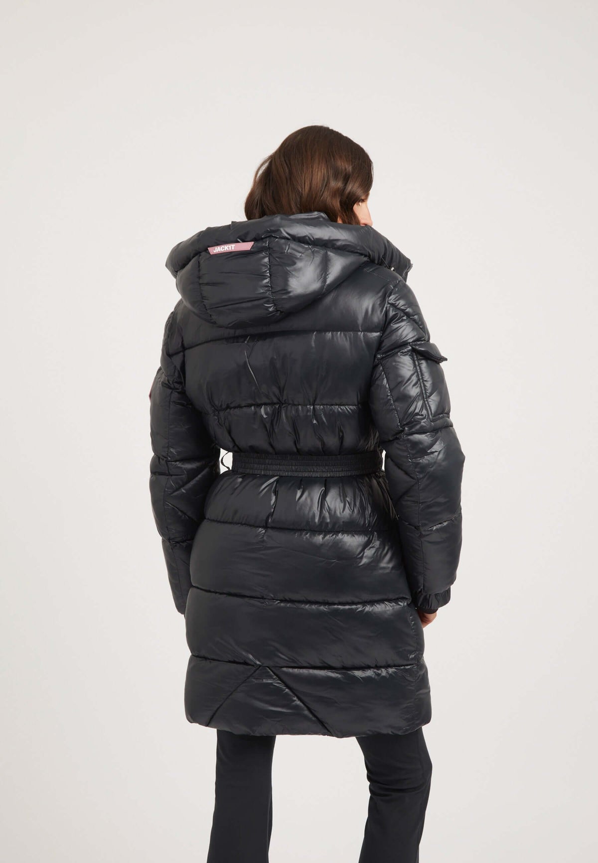 Womens belted coat black, back view, featuring removable belt and hood, perfect for stylish winter wear.