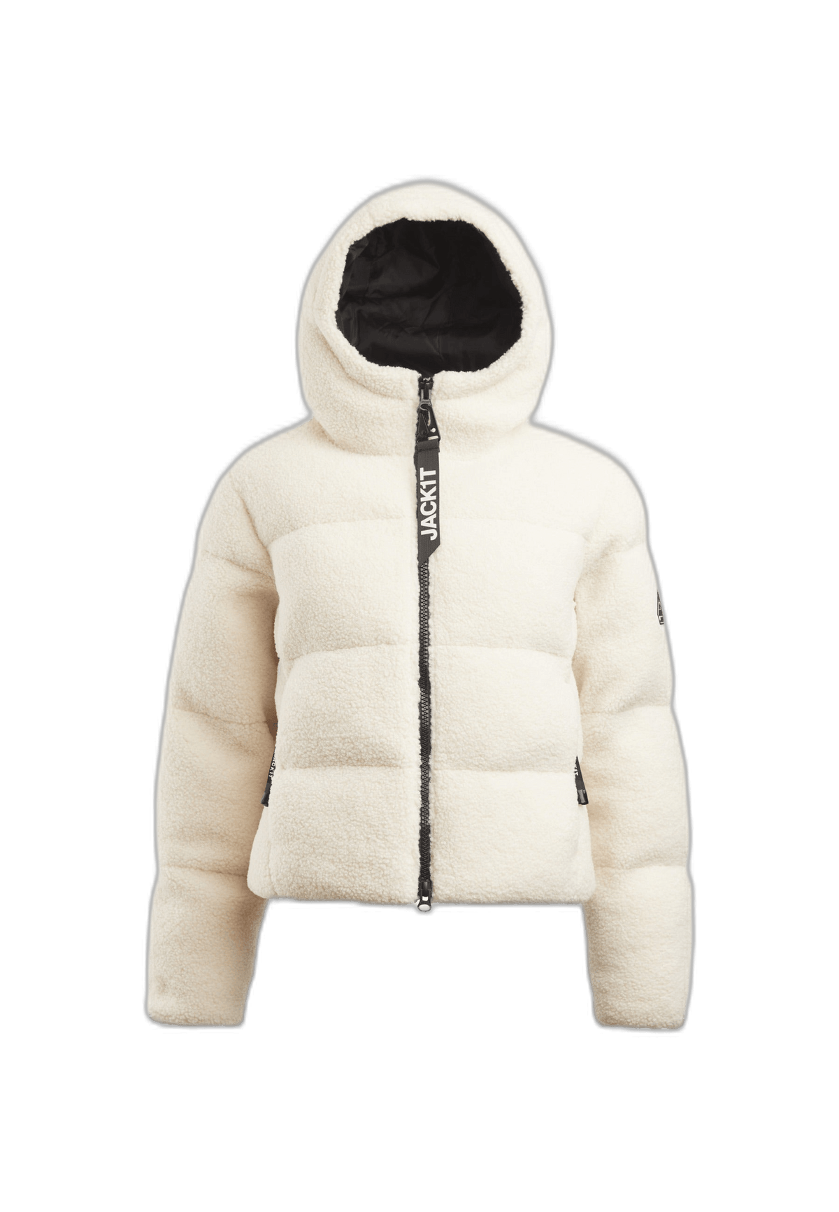 EZ Sherpa Cropped Jacket Ecru, a cropped womens jacket featuring a plush sherpa fabric and grown-on hood.