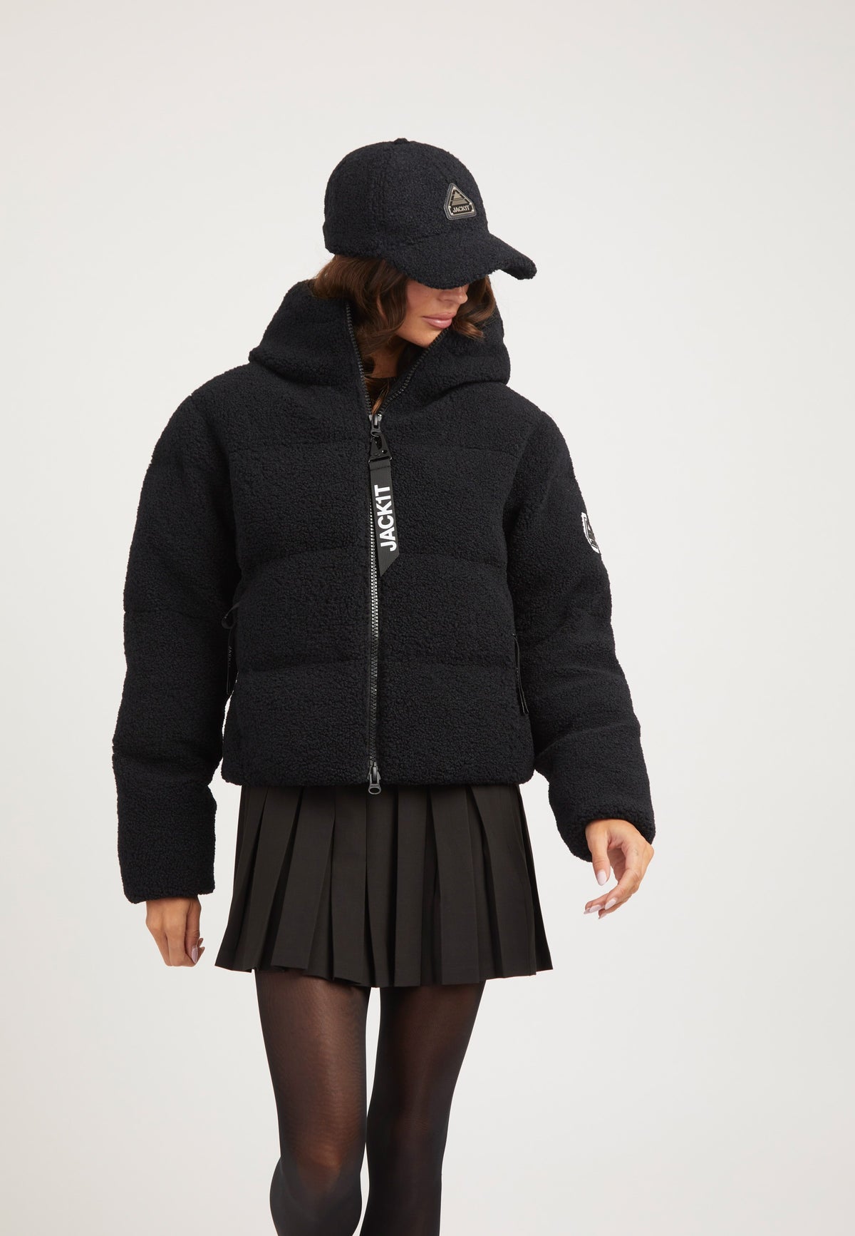 EZ Sherpa Cropped Jacket Black on model front view by JACK1T