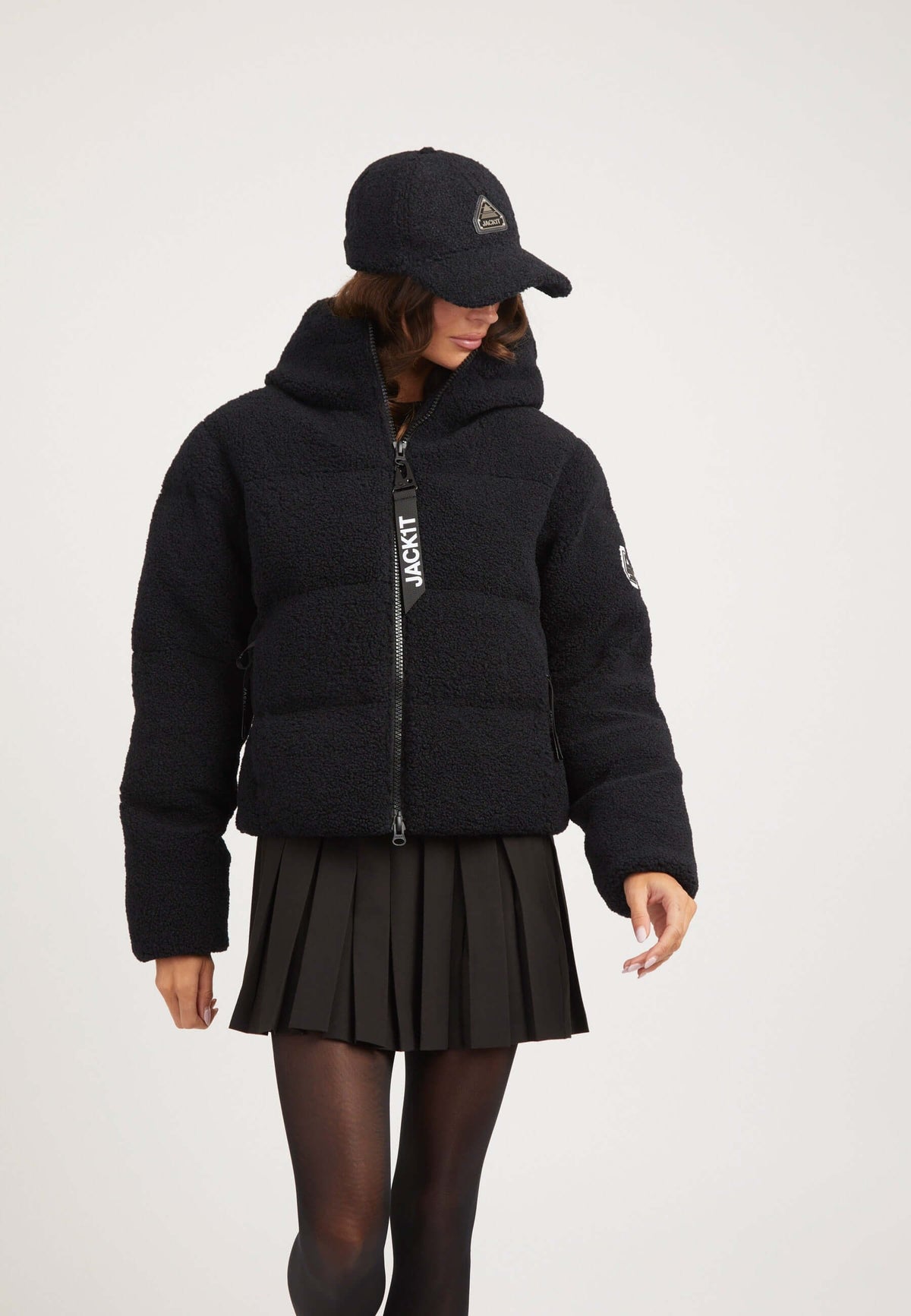 EZ Sherpa Cropped Jacket Black on model front view by JACK1T