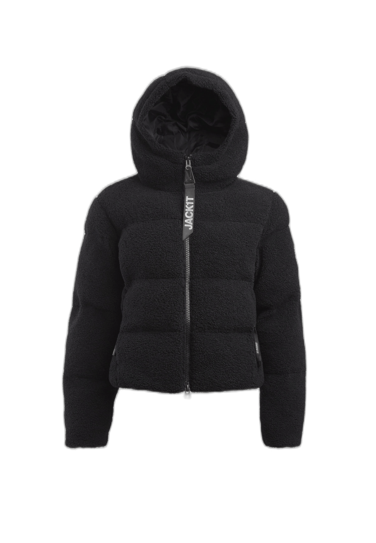 black crop sherpa jacket with hood and two way zip for stylish winter warmth.