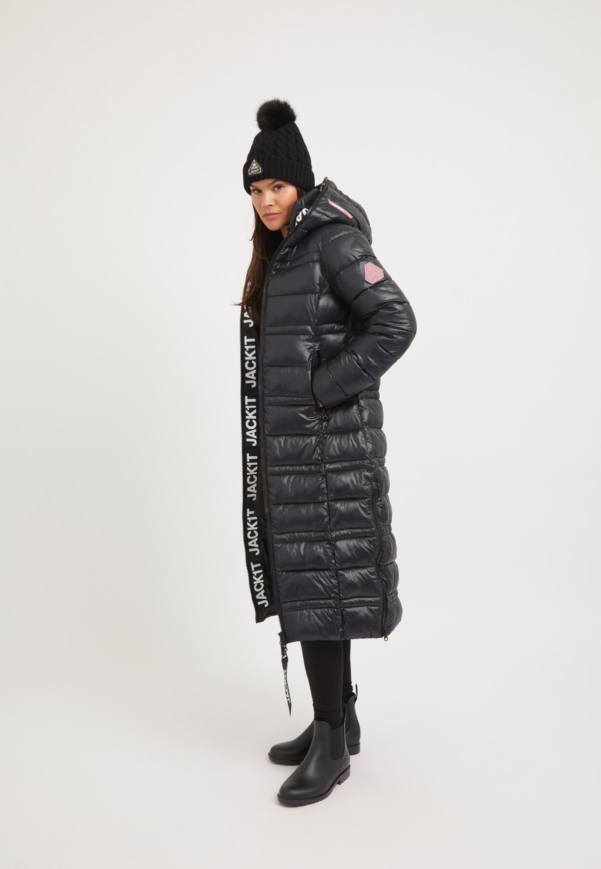 R4D Extra Long Straight Baffle Coat Black on model back view by JACK1T