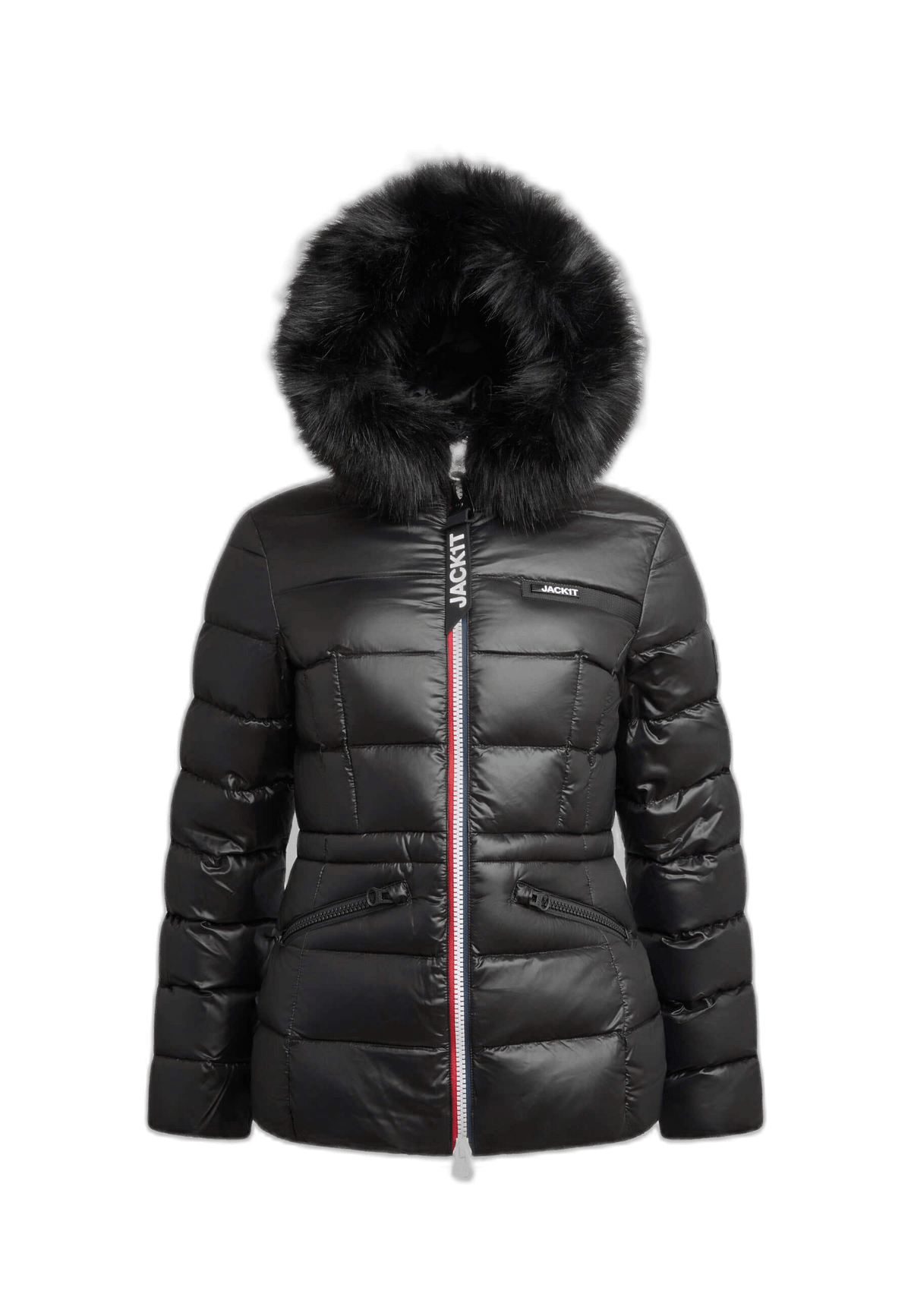 Black womens puffer jacket with removable faux-fur trim and tapered racer fit design.