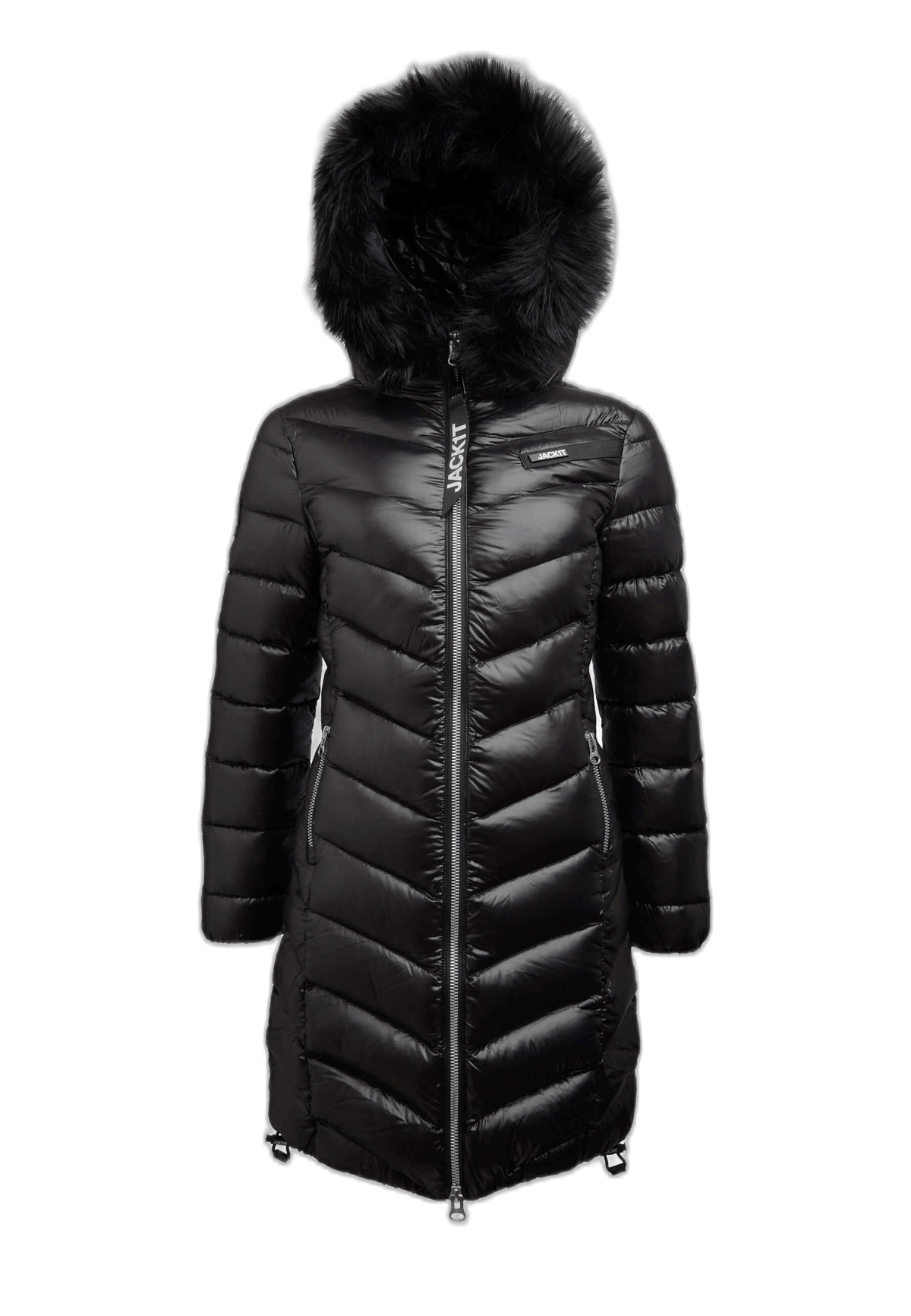R4D Luxe Coat Black, black womens puffer coat with faux-fur trim hood and premium insulation.