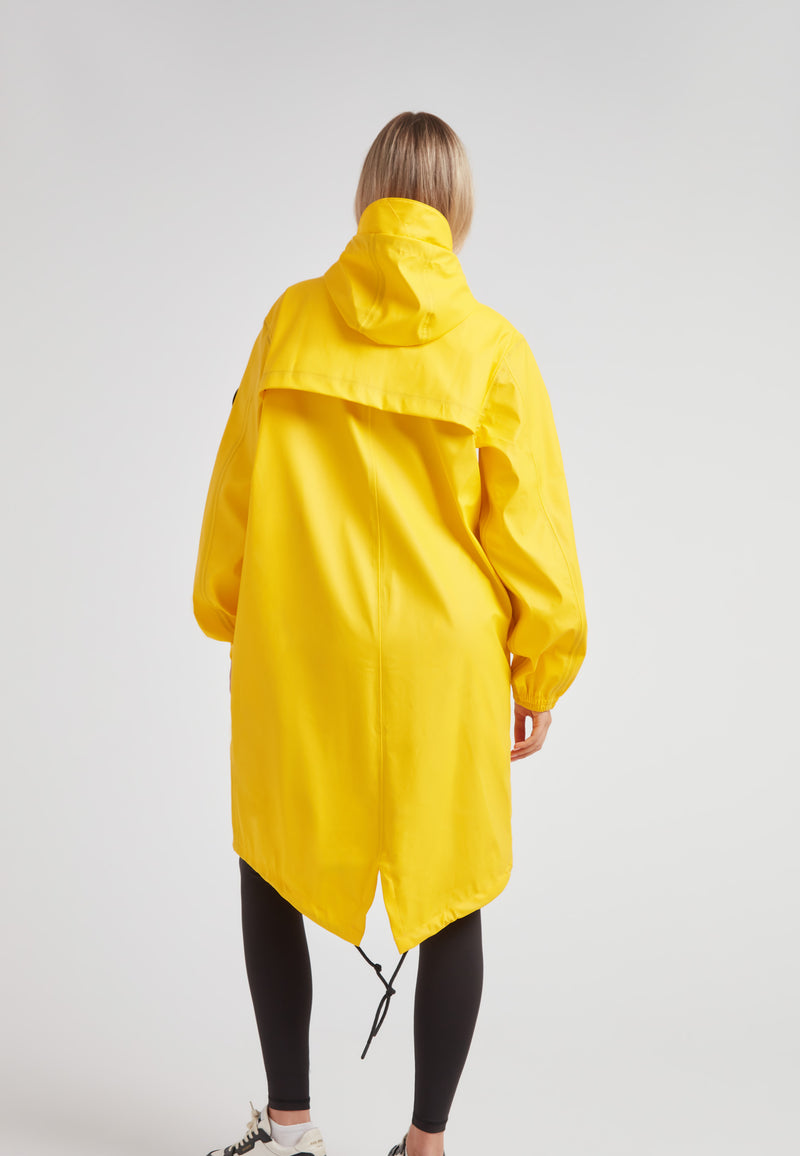 Yellow Elements longline raincoat showcased from the back, featuring a hood and lightweight design.
