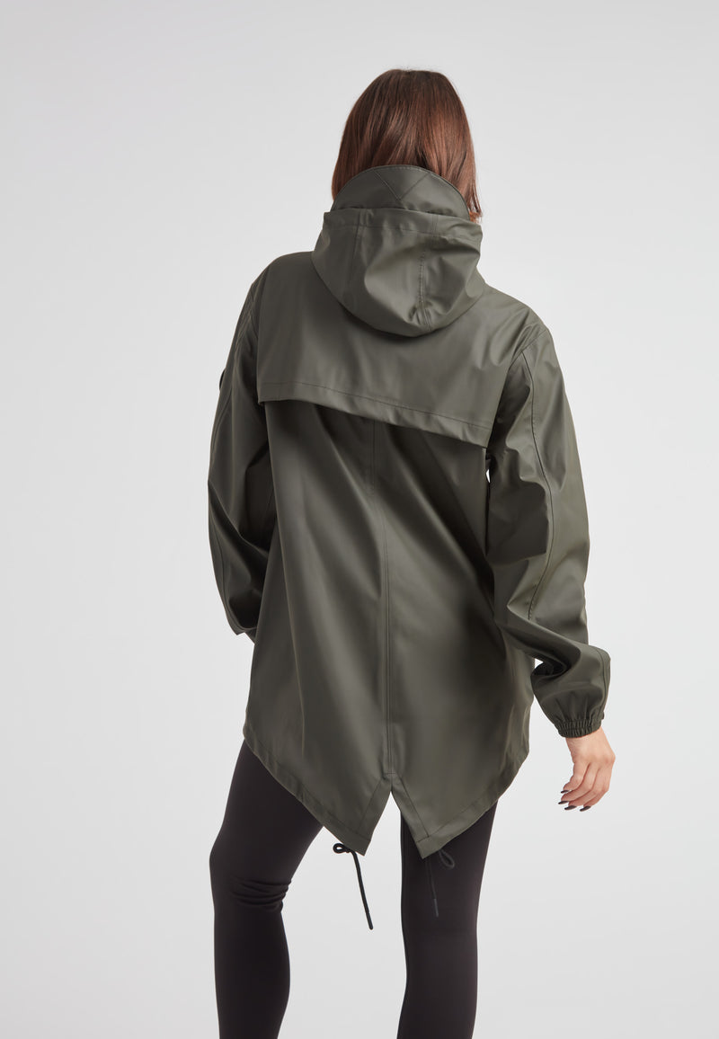 Back view of the ELEMENTS Raincoat 2.0 Khaki showcasing its lightweight design and hood.
