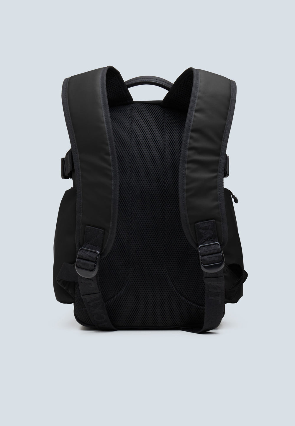 JACK1T's black water resistant backpack showcasing padded ergonomic straps and a sleek back design.