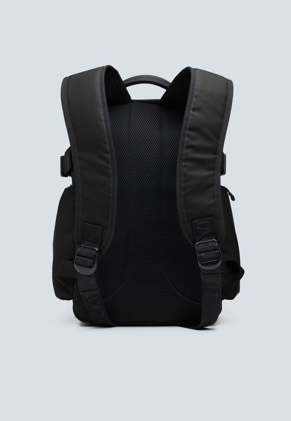 JACK1T's black water resistant backpack showcasing padded ergonomic straps and a sleek back design.