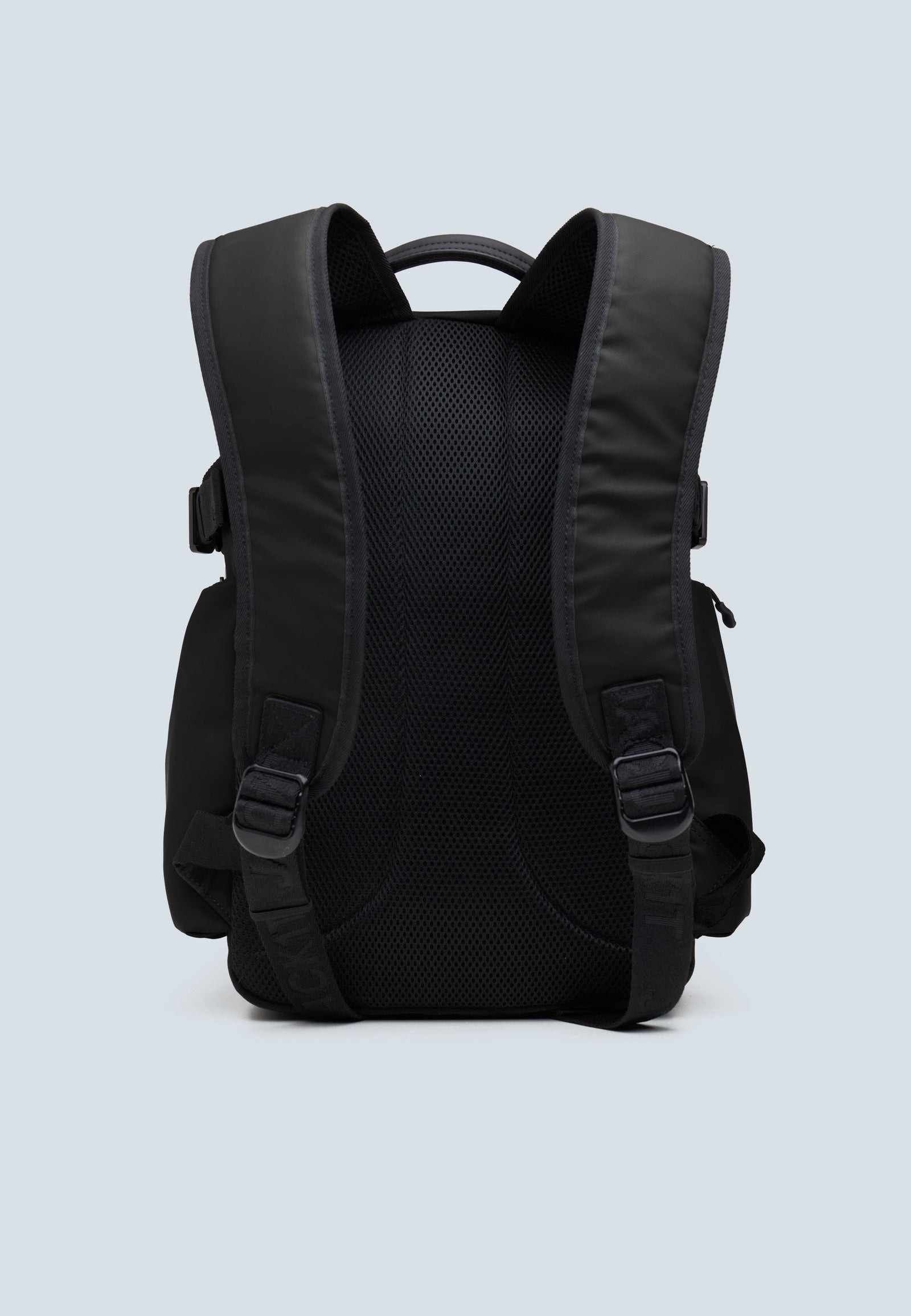 JACK1T's black water resistant backpack showcasing padded ergonomic straps and a sleek back design.