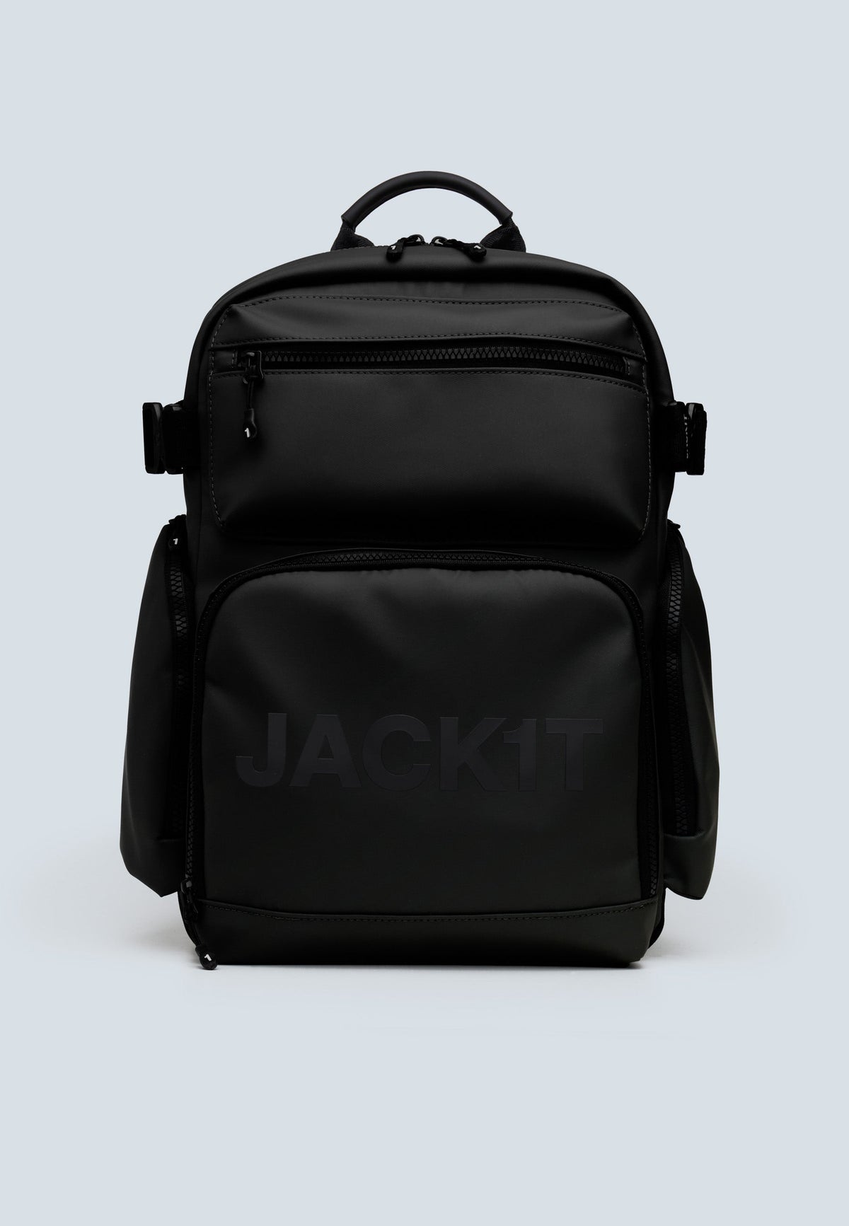JACK1T's black water resistant backpack showcasing a sleek design with multiple pockets and a modern aesthetic.