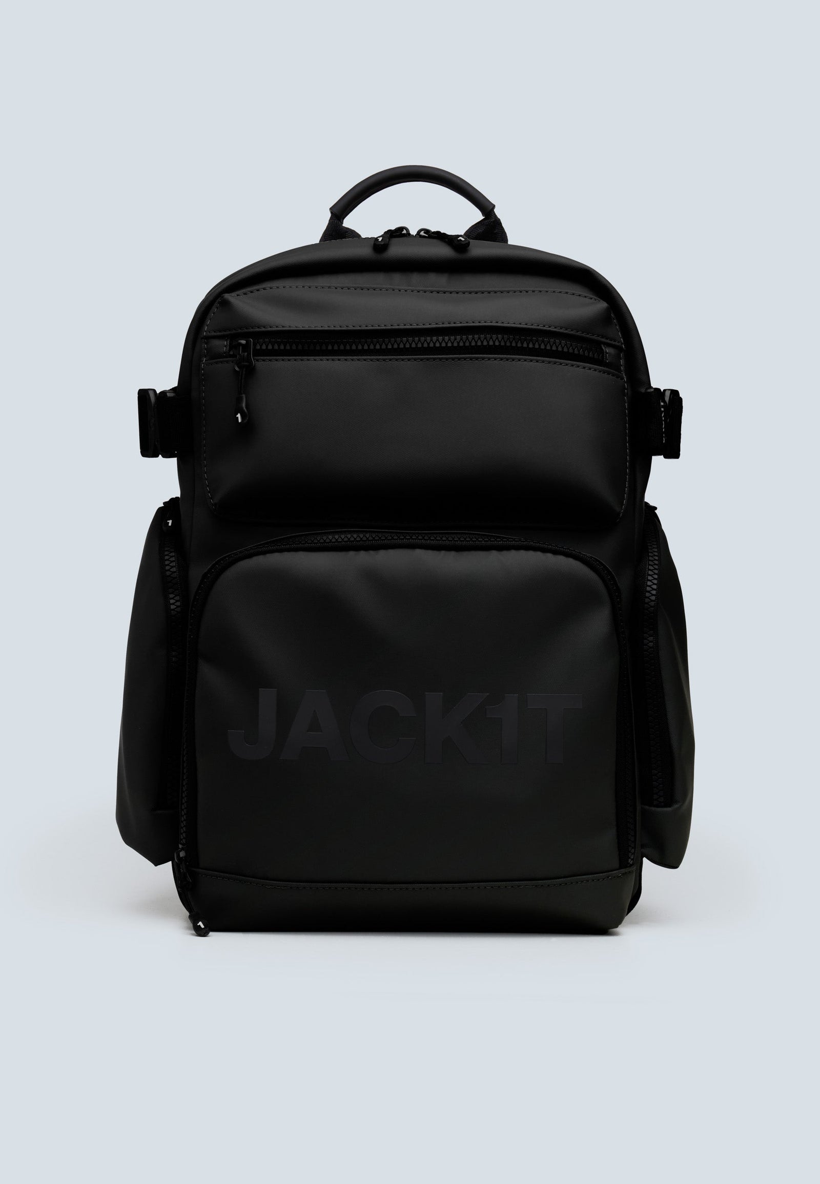 JACK1T's black water resistant backpack showcasing a sleek design with multiple pockets and a modern aesthetic.