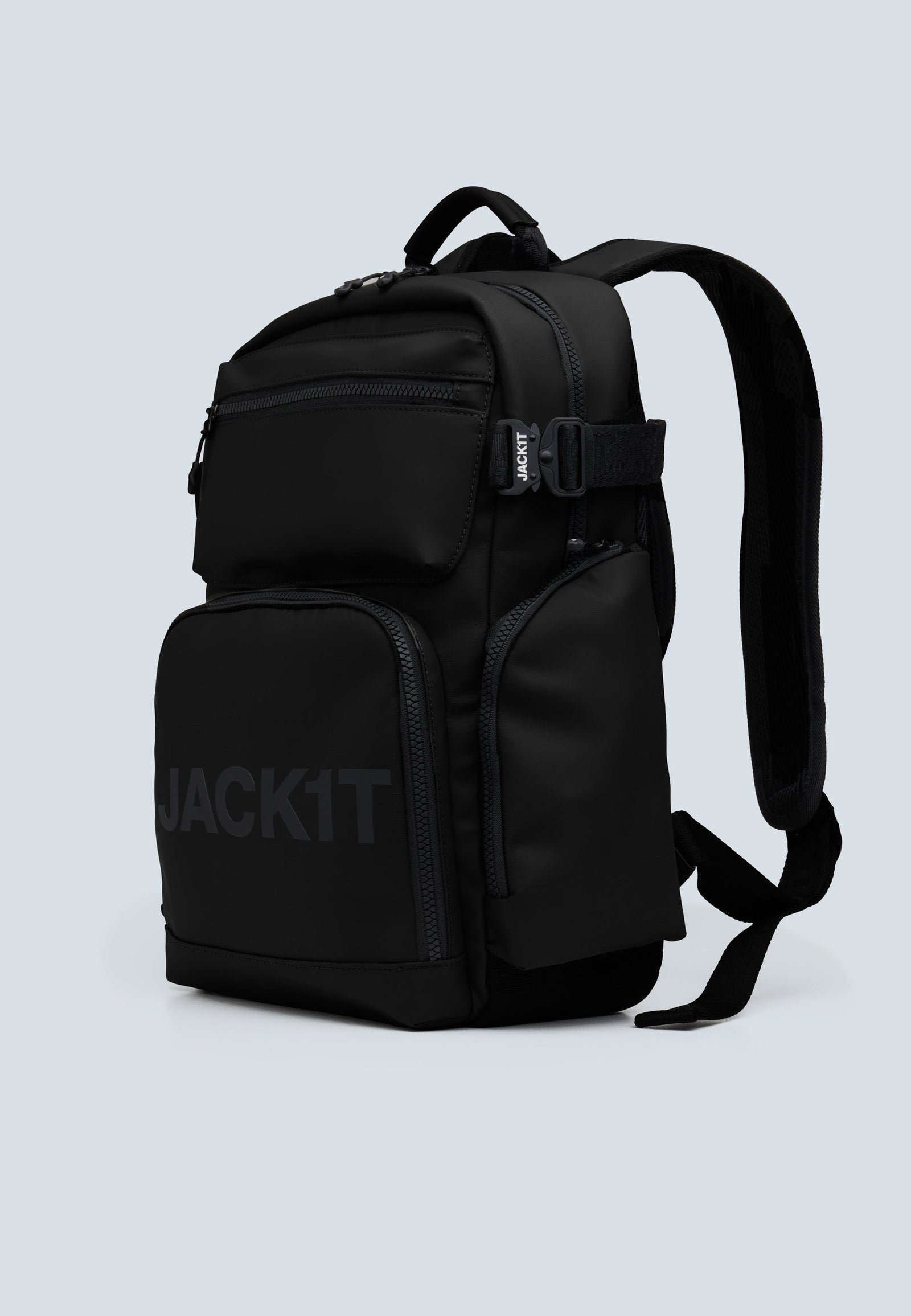 JACK1T's black water resistant backpack with multiple pockets and padded laptop compartment, stylish and functional.