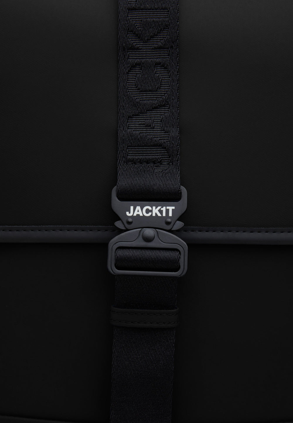 JACK1T slim messenger laptop bag in black buckle detail and strap showcasing sleek design