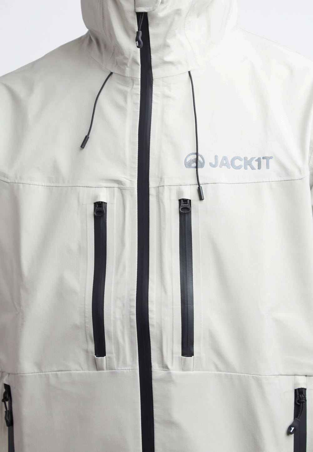 Stone mens lithium waterproof jacket in white with zippers and logo detail, designed for durability and weather protection.