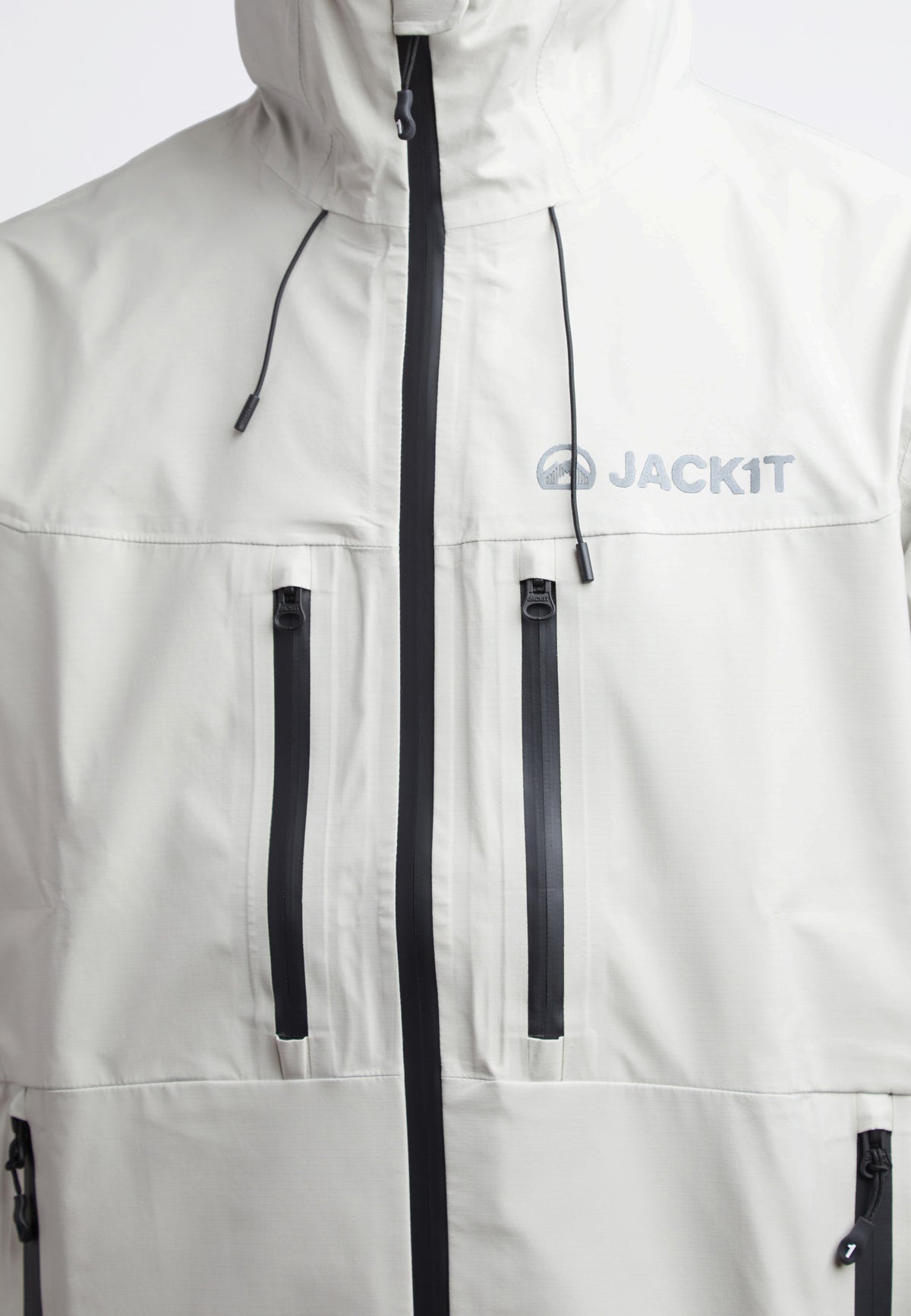 Stone mens lithium waterproof jacket in white with zippers and logo detail, designed for durability and weather protection.