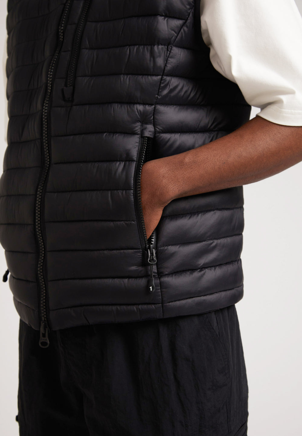 SATEL1TE Lightweight Puffer Gilet 2.0 Black close-up showing zip pocket and fashionable design details